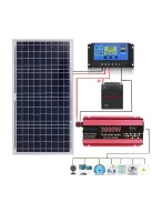 Napelem rendszer,18V 100W napelem, 3000W inverter, 12V/24V 10A töltésvezérlő