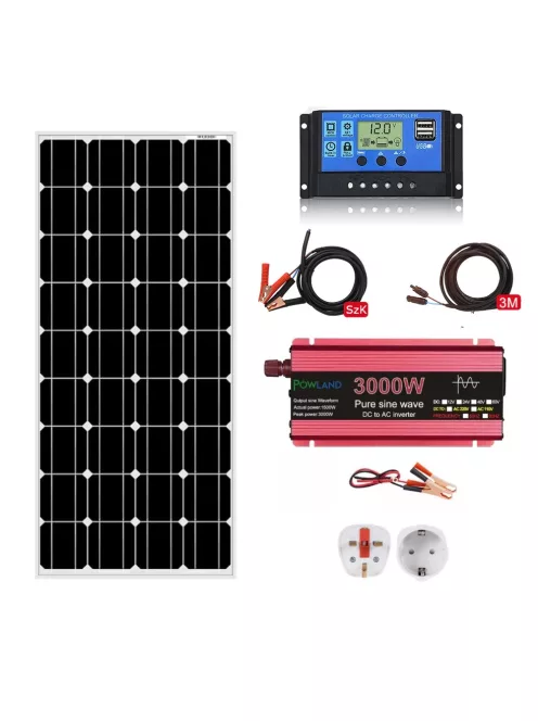 Napelem rendszer,18V 100W napelem, 3000W inverter, 12V/24V 10A töltésvezérlő