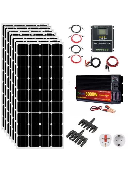 Solar system, 1600W solar panel (1,6kW), 5000W inverter, 100A Hybrid MPPT charger black, 24V battery