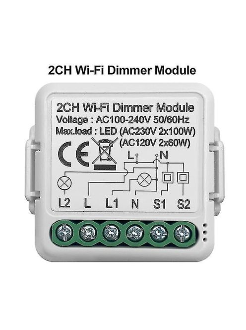 Tuya kompatibilis 2 körös Dimmer Switch relé, WIFI fényerőszabályozó modul