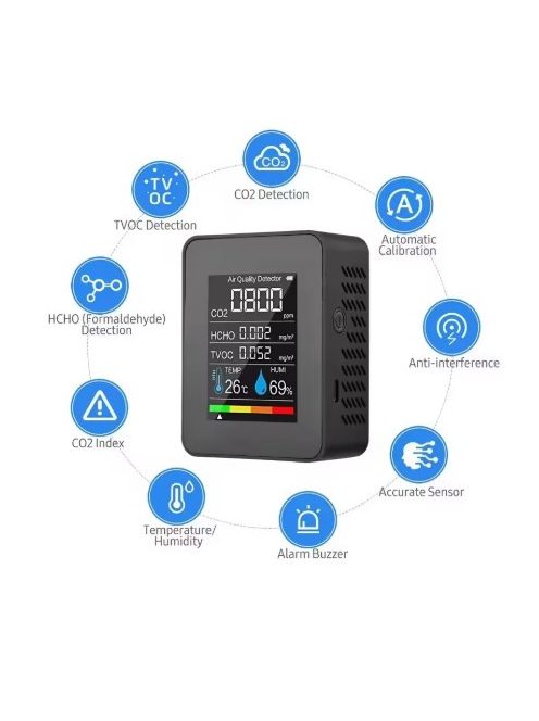Multifunkciós 5 az 1-ben CO₂ mérő, hőmérséklet, páratartalom, TVOC, HCOC mérő