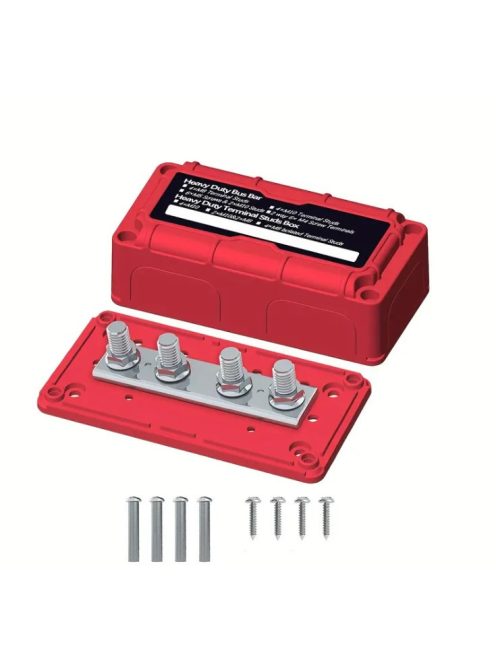 Busbar, 4 pontos soroló sín, közösítő sín + fedél, 300A, 1 pár (piros és fekete)