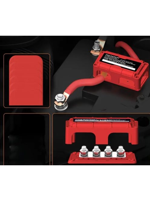 Busbar, 4 pontos soroló sín, közösítő sín + fedél, 300A, 1 pár (piros és fekete)