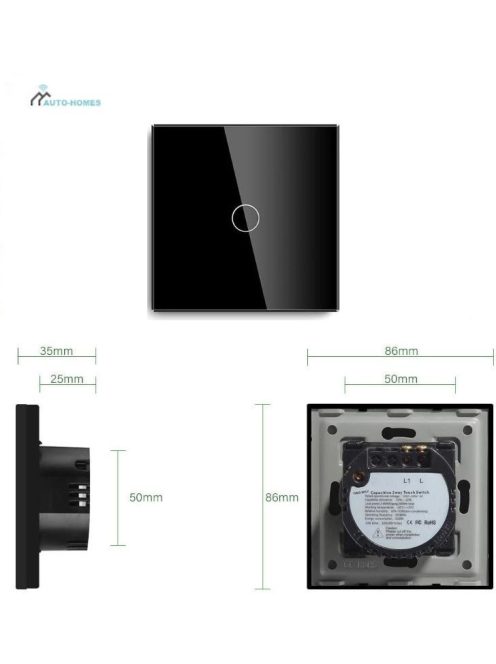 Elegant Touch Light Switch 1 Gang 2 Way, Tempered Glass Panel Light Switch Black