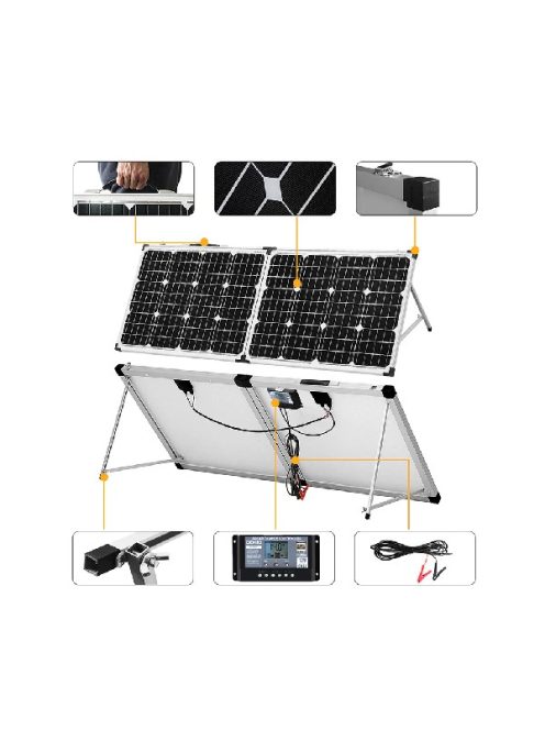 Napelem 200W, töltésvezérlő, összecsukható aluminium állvánnyal