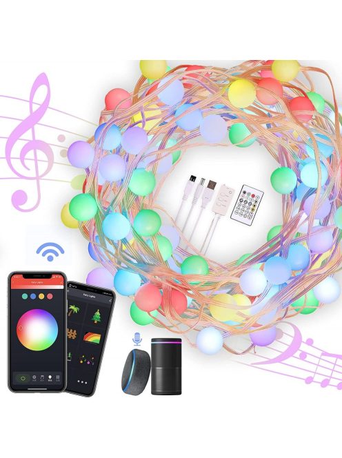 Smart Alexa Globe String Lights LED, Aoycocr WiFi Bluetooth RGB Ball Fairy Lights, App Remote Control Music Sync USB 10m