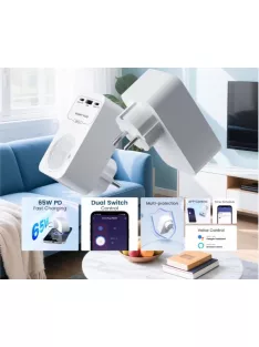 Tuya WIFI konnektor, 16A, USB-A és USB-C kimenetellel