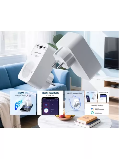 Tuya Smart Power Plug 65W GaN Charger with USB A & Type C Fast Ports EU Plug Alexa