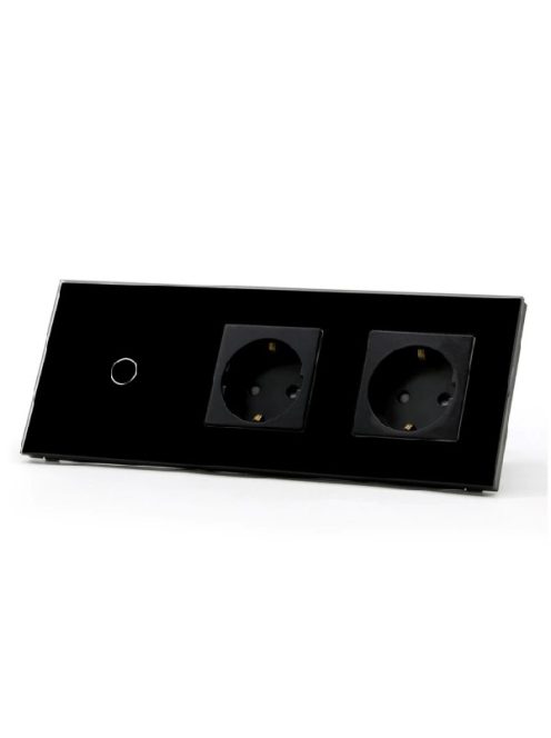 Elegant Touch Light Switch 1 Gang 1 Way and Double Socket, Tempered Crystall Glass - Black