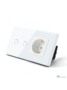   Elegant Touch Light Switch 2 Gang 1 Way and Socket, Tempered Crystall Glass