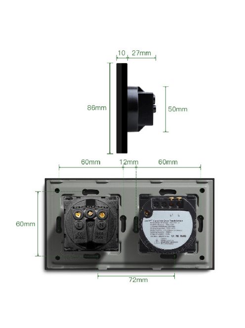 Elegant Touch Light Switch 2 Gang 1 Way and Socket, Tempered Crystall Glass