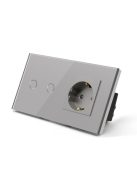 Elegant Touch Light Switch 2 Gang 1 Way and Socket Silver