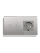 Elegant Touch Light Switch 2 Gang 1 Way and Socket Silver