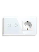 Elegant Touch Light Switch 2 Gang 1 Way and Socket, Tempered Crystall Glass