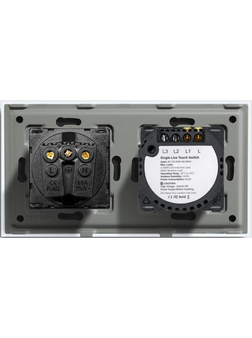 Elegant Touch Light Switch 2 Gang 1 Way and Socket, Tempered Crystall Glass