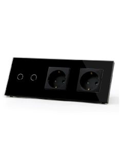   Elegant Touch Light Switch 2 Gang 1 Way and Dual Socket, Tempered Crystall Glass - Black