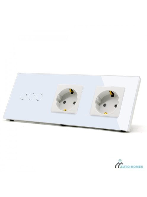 Elegant Touch Light Switch 3 Gang 1 Way and Double Socket, Tempered Crystall Glass 