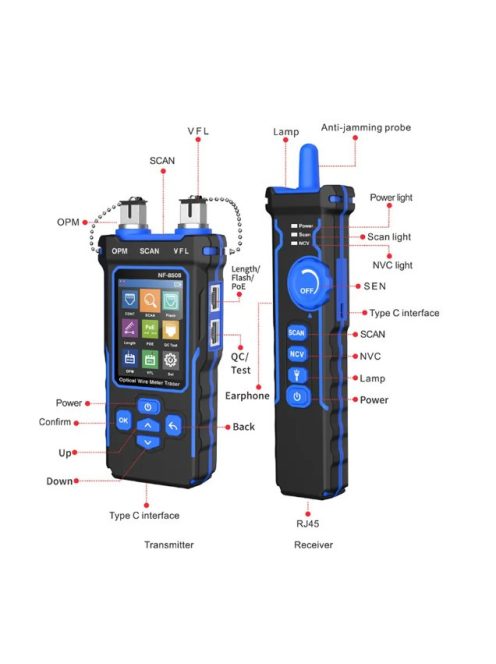Network cable tester with power meter, POE, NCV, UTP CAT5/CAT6, OPM test, VFL, length measurement, with LED light, LCD screen