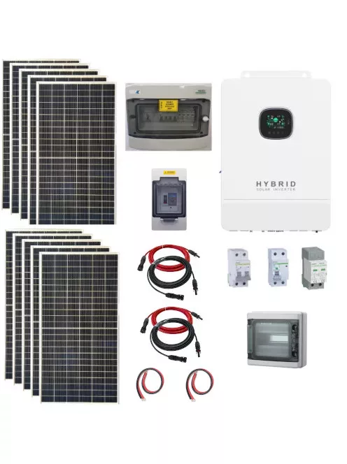 Hibrid üzemű, sziget üzemű 1 fázisú napelem rendszer 8 kW napelem, 10kW  2 stringes inverter dupla MPPT töltésvezérlővel, WiFi-vel