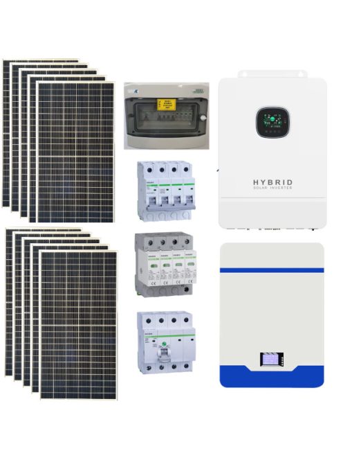 Hybrid 3 phase solar system, 10kW 440W solar panel, 12kW 3 phase hybrid inverter with WiFi, 2 strings, 48V