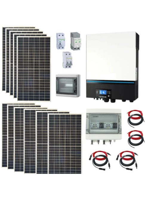 Hibrid üzemű napelem rendszer 5 kW napelem, 8kW  2 stringes inverter dupla MPPT töltésvezérlővel, WiFi-vel, 120A MPPT, 48V rendszer