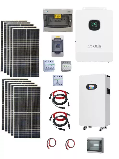 Hybrid 3 phase solar system, 10kW 425W solar panel, 12kW 3 phase hybrid inverter with WiFi, 2 strings, 48V
