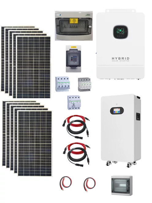 Hybrid 3 phase solar system, 6kW 425W solar panel, 10kW 3 phase hybrid inverter with WiFi, 2 strings, 48V