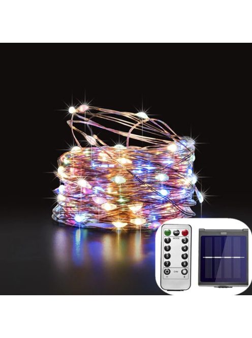 Napelemes fényfüzér 200 LED kültéri, infra távirányítóval, dimmelhető, vízálló SZÍNES 21m