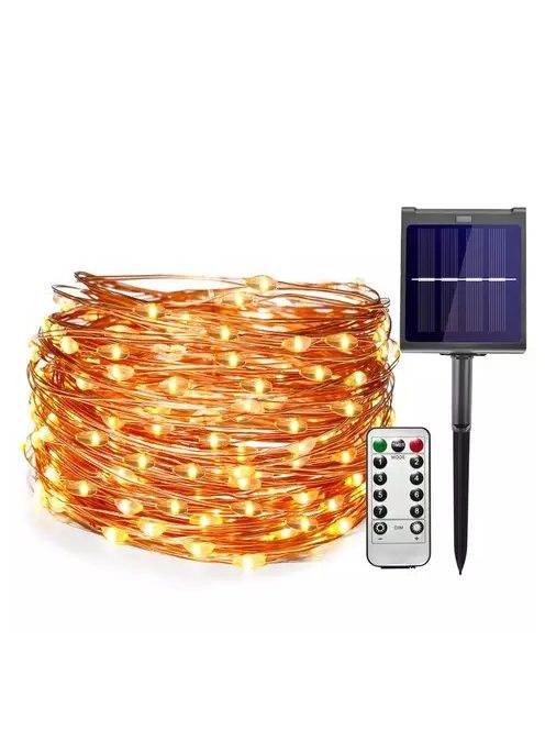 Napelemes fényfüzér 200 LED kültéri, infra távirányítóval, dimmelhető, vízálló Meleg Fehér