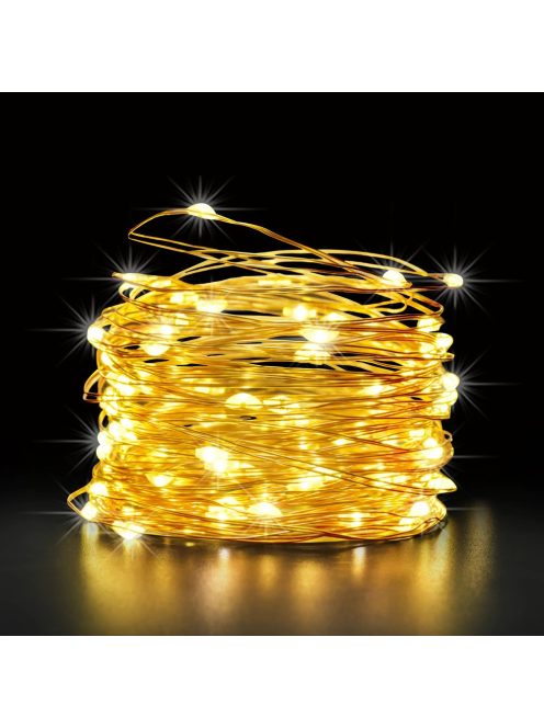 Napelemes fényfüzér 200 LED kültéri, infra távirányítóval, dimmelhető, vízálló Meleg Fehér