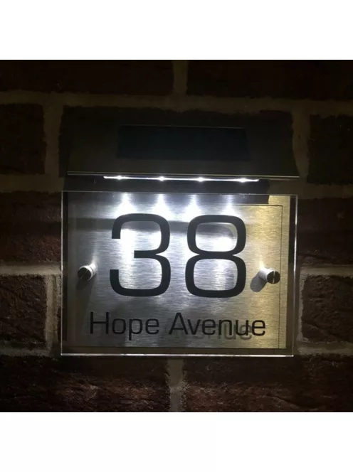 Napelemes házszámtábla LED világítással rozsdamentes acélból - 18 x 20 cm
