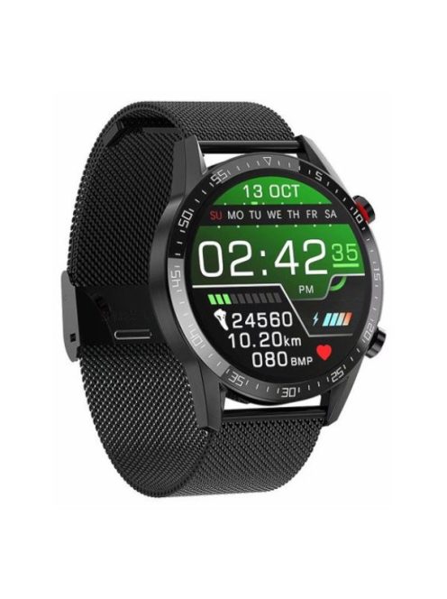 Okosóra férfiaknak, pulzusmérés, vérnyomásmérés, vér oxigénszint mérés, alvás monitor, vízálló, fekete fémszíj