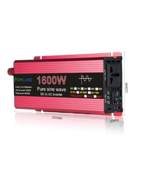 1600W Power Inverter Pure Sine Wave DC 12V to AC 220V