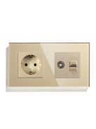 EU Standard Wall Power Socket + Female TV Jack With Computer RJ45 CAT6 Plug Tempered Crystal Glass Panel GOLD