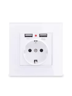   USB fali aljzat konnektorral 2 db USB üveg kerettel ELEGANT - fehér