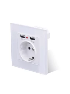   USB fali aljzat konnektorral 2 db USB üveg kerettel ELEGANT - fehér