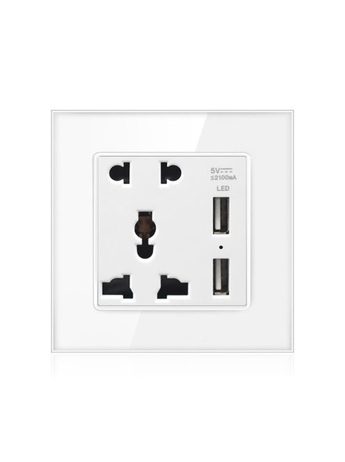 USB fali aljzat univerzális konnektorral 2 db USB üveg kerettel ELEGANT - fehér