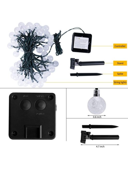 Napelemes fényfüzér, 60 db gömb alakú LED, 11m kültéri vízálló meleg fehér