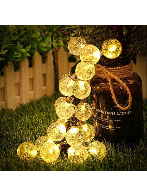 Napelemes fényfüzér, 60 db gömb alakú LED, 11m kültéri vízálló meleg fehér