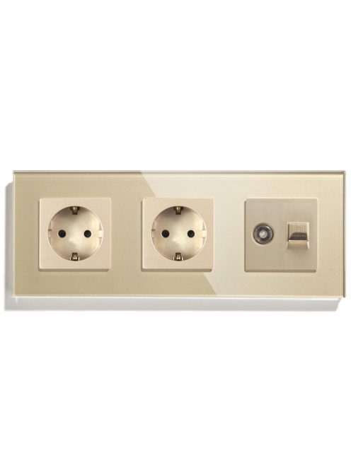Wall crystal glass panel 2 frame power socket and RJ45-CAT6 Internet with TV port,EU standard 16A plug grounded 224mm*82mm GOLD
