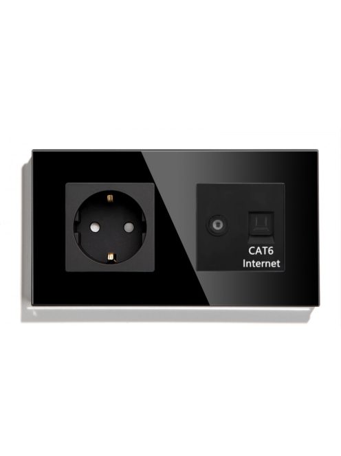 Fali dugalj üveg konnektor és TV+Internet RJ45 csatlakozó, fekete, magyar szabvány, Elegant Pro