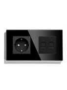 Fali dugalj üveg konnektor és dupla internet RJ45 csatlakozó, fekete, magyar szabvány, Elegant Pro