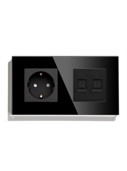 Fali dugalj üveg konnektor és dupla internet RJ45 csatlakozó, fekete, magyar szabvány, Elegant Pro