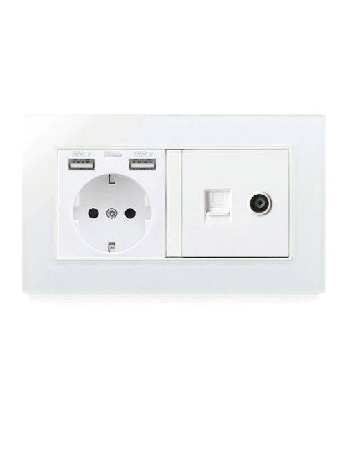  EU Wall Socket with Dual USB+ RJ45+ TV Port Double Socket Power Outlet Glass Panel LED Indicator 146mm*86mm