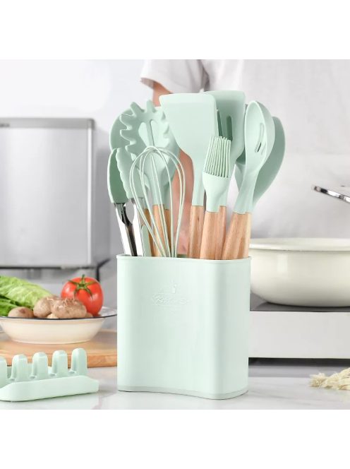 Silicone Kitchenware Cooking Utensils Set 11PCS With Plastic Holder Green