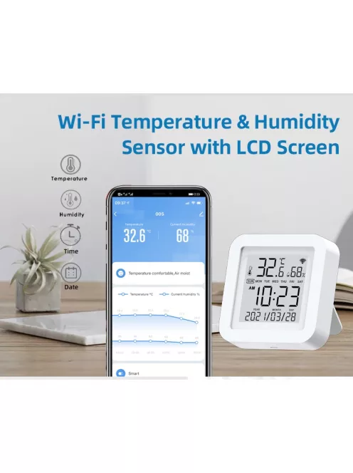 TUYA Hőmérsékletérzékelő és Páratartalom mérő Alexa és Google assistant, Wi-Fi, álló verzió
