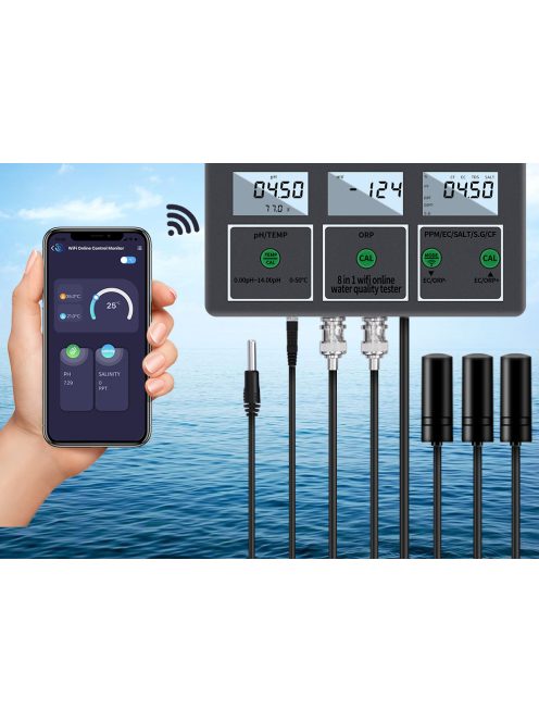W218 8 in 1 Digital Water Analyzer PH EC TDS Salt ORP CF S.G Temperature APP Remote Online WiFi Water Quality Monitor