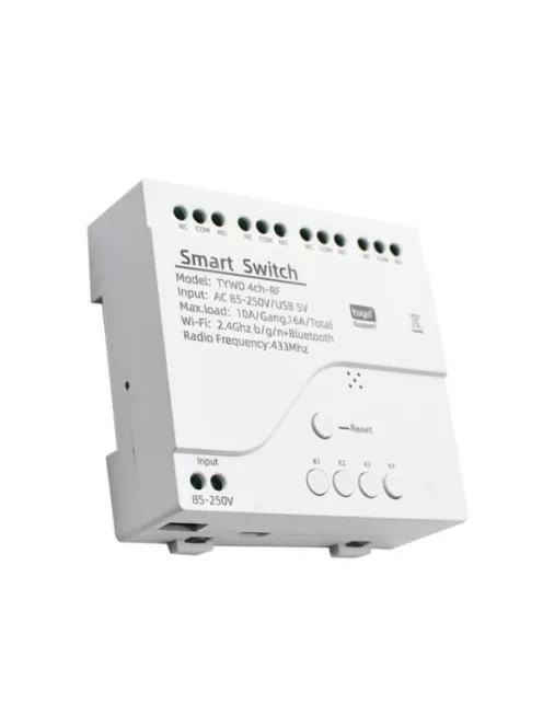 4 csatornás Smart WiFi relé, Bluetooth vezérlés, 85-250V, fehér, méretek 81x76x28mm