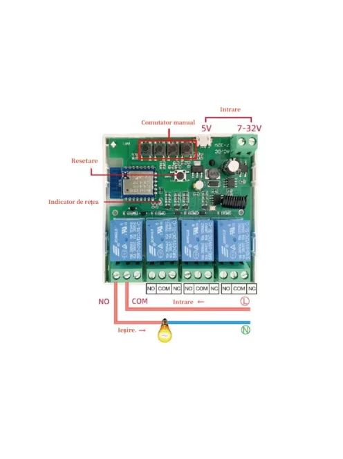 4 csatornás Smart WiFi relé, Bluetooth vezérlés, 85-250V, fehér, méretek 81x76x28mm