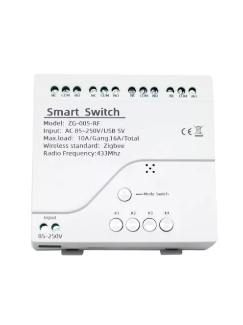 4 csatornás Smart Zigbee relé, Bluetooth vezérlés, 85–250V, fehér, méretek: 81×76×28 mm